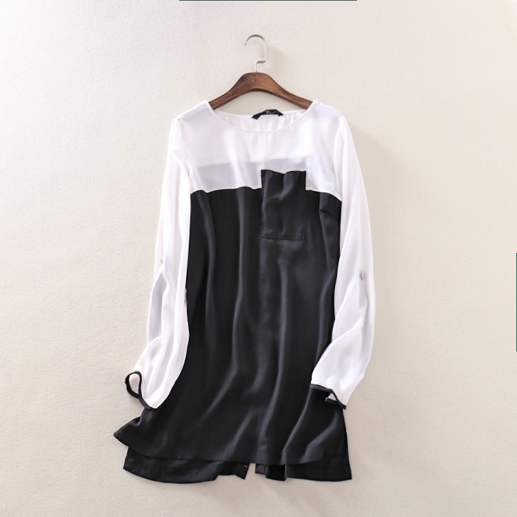 Longgar Kasual Bagian Panjang Wanita Leher Bulat Sifon Atasan Baru Lengan Panjang Kaos (Putih Hitam Untuk Melawan)