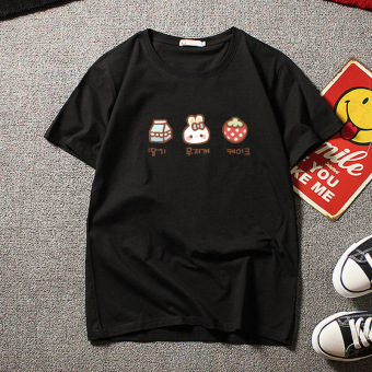 Gambar Longgar Korea Fashion Style Baru Lengan Pendek T shirt (T 074 kelinci strawberry hitam) (T 074 kelinci strawberry hitam)