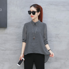 Longgar Korea perempuan lengan panjang musim gugur kemeja pas sifon kemeja (Hitam bergaris)
