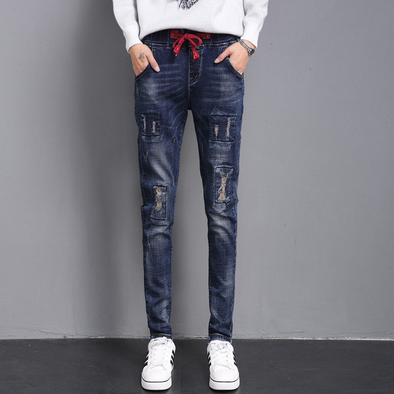 LOOESN Gaya Korea perempuan tipis celana panjang kaki celana jeans (Biru tua)