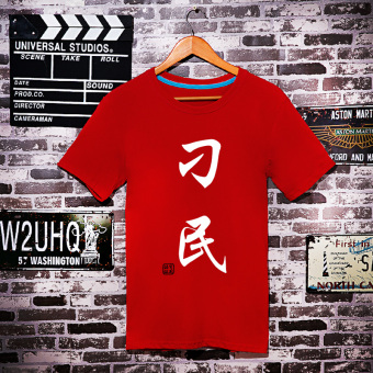 Gambar LOOESN kasual resmi katun lengan pendek t shirt teks (Merah)