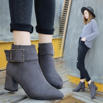 Gambar MSHOES Women Suede Ankle Boots Pointed Toe Boots 6cm heeled boots (Grey)   intl