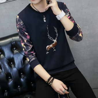 Gambar Musim gugur Pria lengan panjang t shirt (Bordir rusa biru tua) Merk: OEM