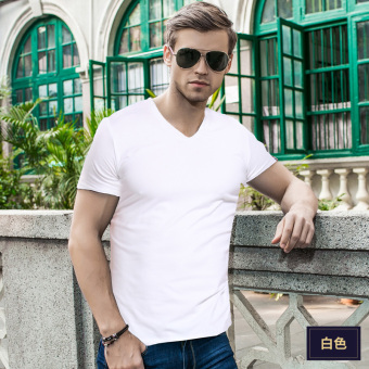 Gambar Nachuan kepribadian pria Burr v neck t shirt warna solid lengan pendek t shirt (Putih TS212)