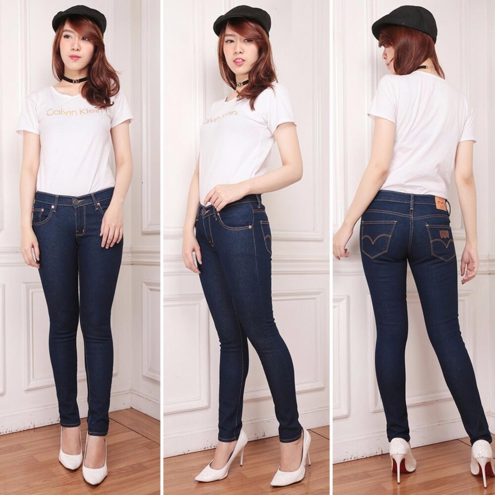 Nusantara Jeans - Celana Panjang Wanita Model Skinny Berbahan Soft Jeans Ripped Resleting Kuat Jahitan Rapi Murah - Biru Dongker