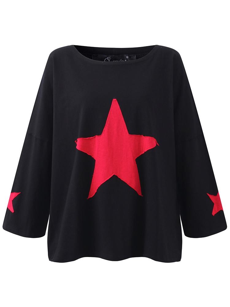 O-NEWE Bintang Kasual Patchwork Lengan Panjang O-leher Longgar Atasan Hitam-Internasional