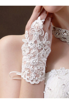 Gambar Partai Pernikahan Pengantin Gaun Pengantin Satin Jari BerlianImitasi Renda Sarung Tangan Putih