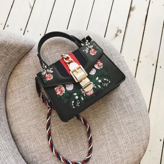 Perempuan angin nasional bordir tas tangan persegi kecil tas tas (Hitam)