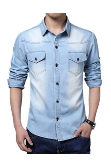 Gambar Pria Kasual Keren Lengan Panjang Kerah Yg Terlipat Ke Bawah Kerah Kemeja Jeans Jaket Tipis Biru Muda (Export)