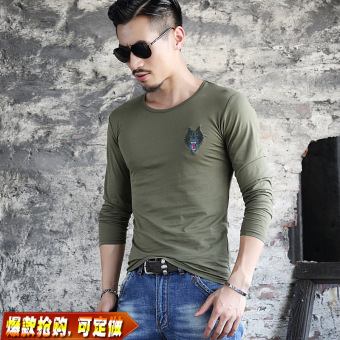 Gambar Pria lengan panjang ledakan model pria t shirt bottoming kemeja (3506 leher bulat warna militer)