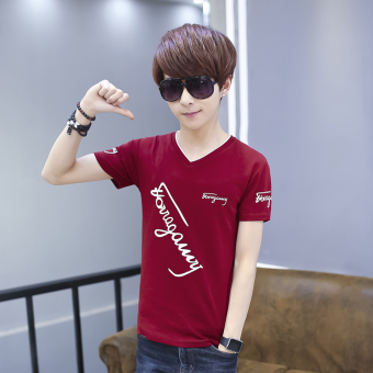 Gambar Pria lengan pendek remaja bottoming kemeja t shirt (Miring huruf merah anggur)