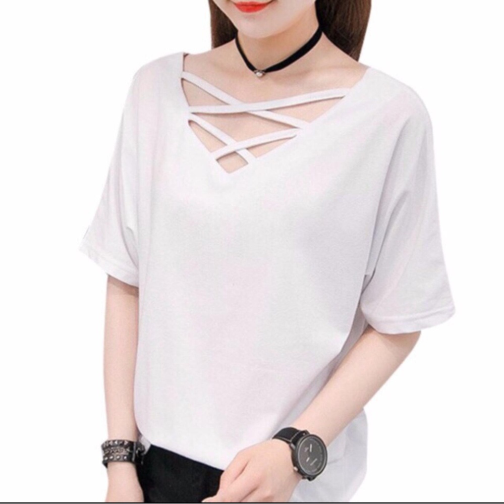 PusatFashion Blouse Cross Casual Wanita - PUTIH PusatFashion Blouse Cross Casual Wanita - PUTIH