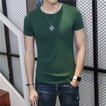 Gambar Putih musim panas pria Slim t shirt (Leher bulat hijau gelap lengan pendek)