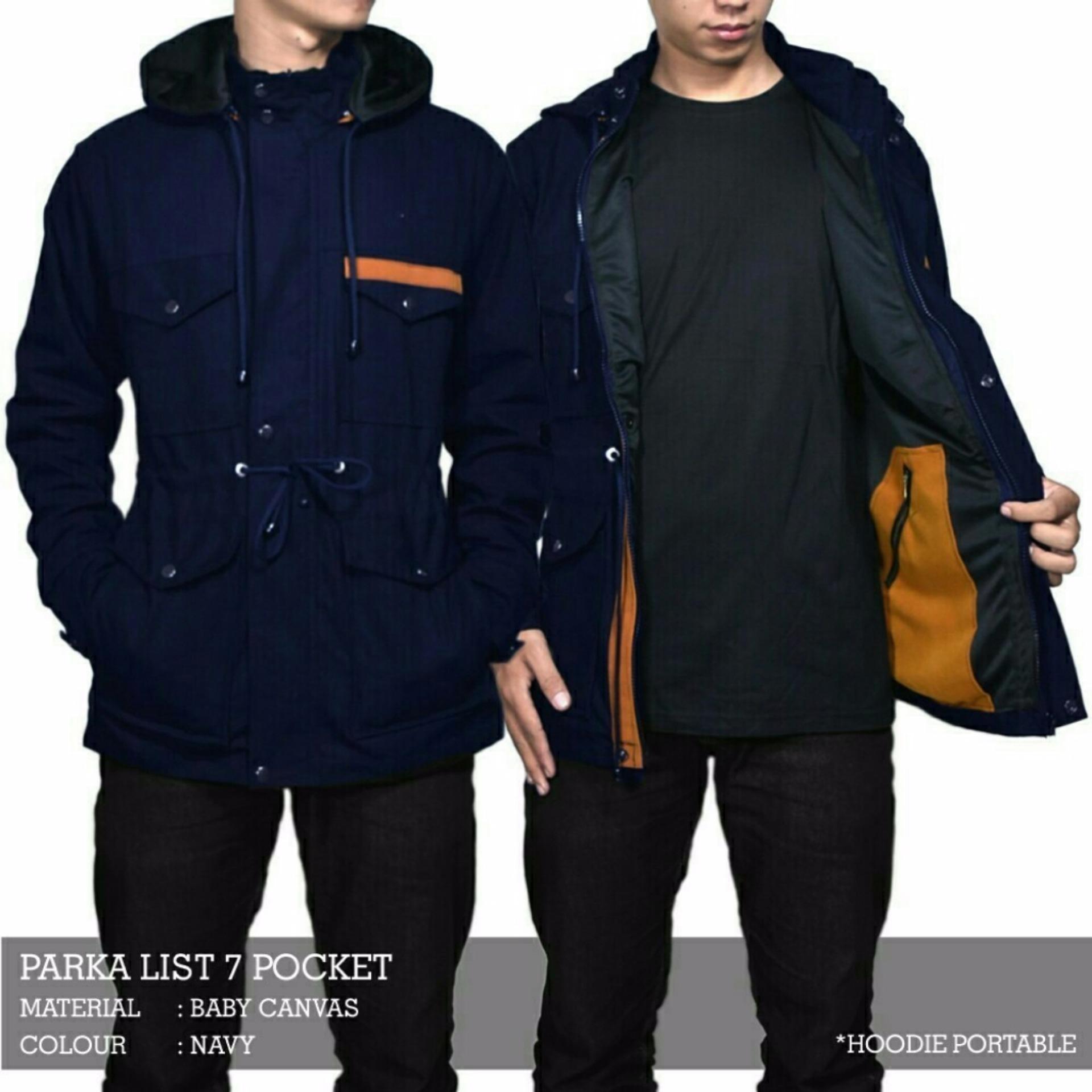 SEVEN KEYS Jaket Parka Saku Strip Suede Pria Keren - Navy - Biru Tua
