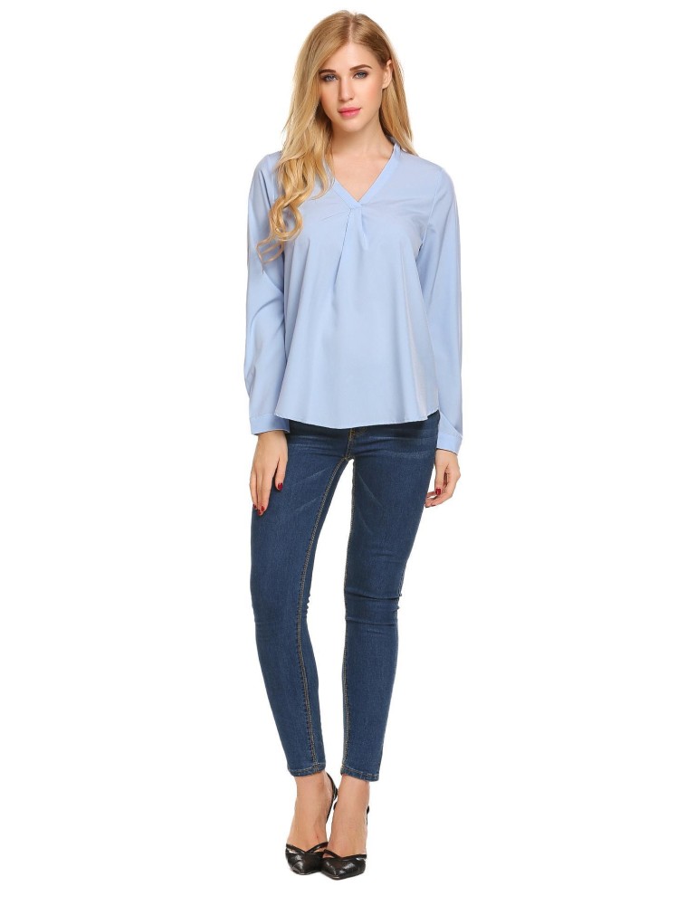 SuperCart Wanita Kasual Solid Lengan Panjang Atasan Longgar T-shirt Blus (Biru)-Intl