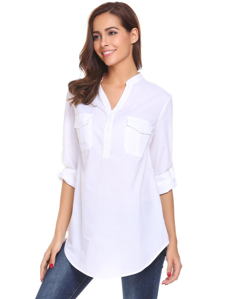 SuperCart Wanita Kasual Solid Lengan Panjang Tombol Pocket Sexy Shirt Blus Atasan (Hitam)-International