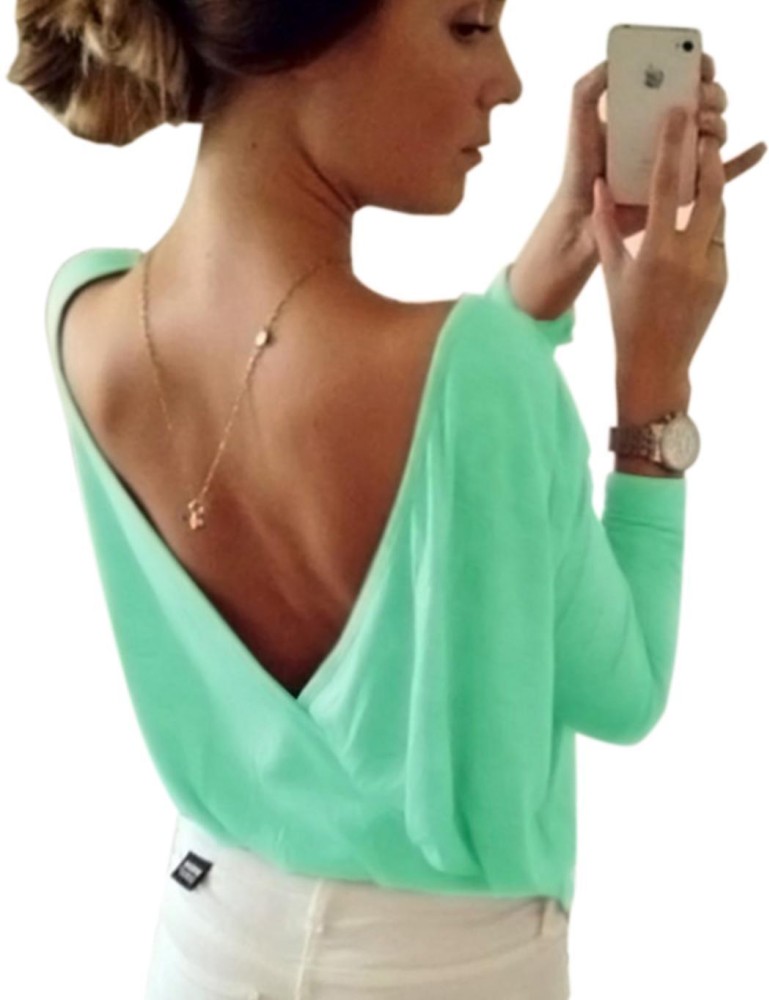 SuperCart Wanita O Leher Lengan Panjang Kasual Wrap Split Seksi Backless Dasar Blus Tee Atasan (Hijau)-International SuperCart Wanita O Leher Lengan Panjang Kasual Wrap Split Seksi Backless Dasar Blus Tee Atasan (Hijau)-International