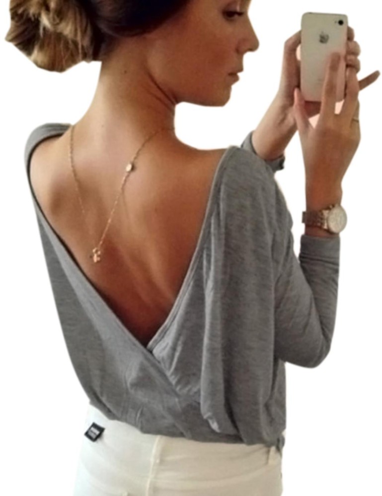 SuperCart Wanita O Leher Lengan Panjang Kasual Wrap Split Seksi Backless Dasar Blus Tee Atasan (Hijau)-International