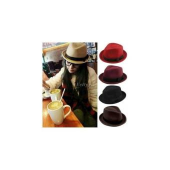 Gambar Topi Fedora Jazz Tompi Pria Cowo Wanita Cewe Beludru Hitam Merah Marun