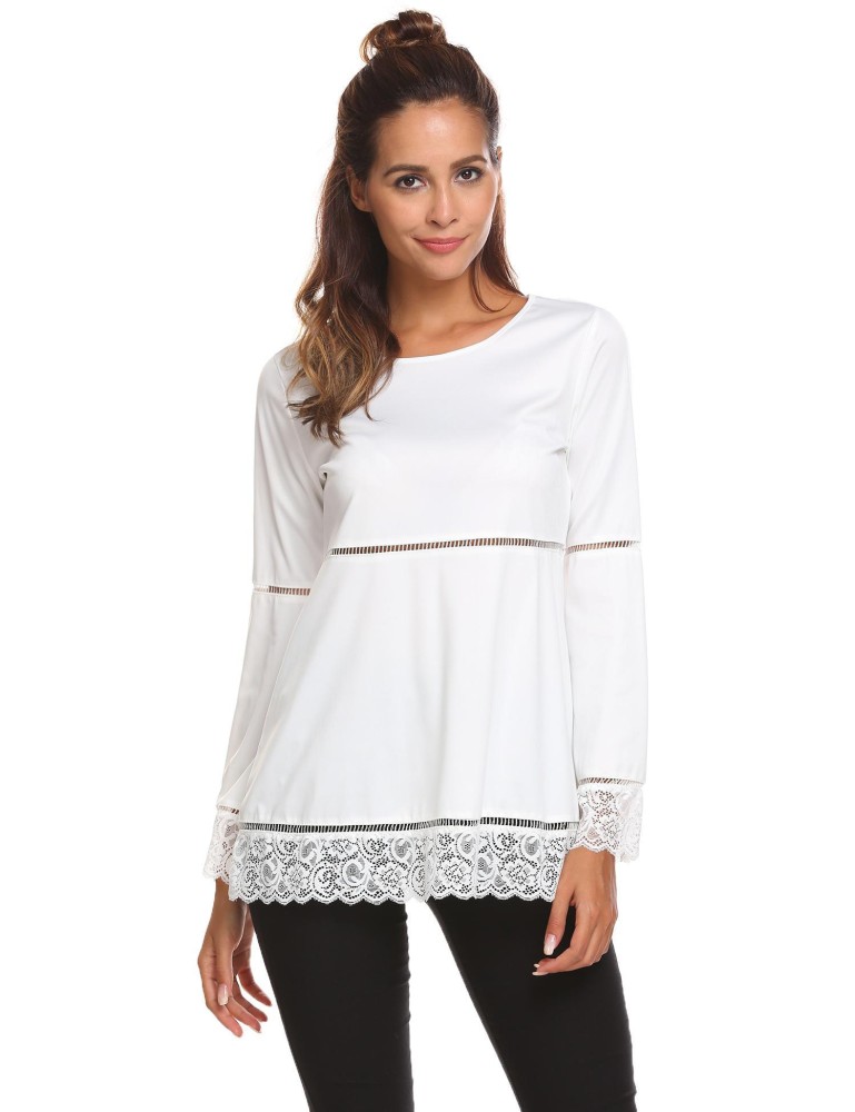 Toprank Wanita O Leher Renda Perca Flare Lengan Blus Atasan Kasual (Putih)-Intl