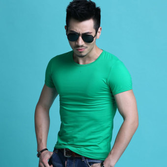 Gambar Tren warna solid leher bulat lengan pendek t shirt Slim (Leher bulat hijau)