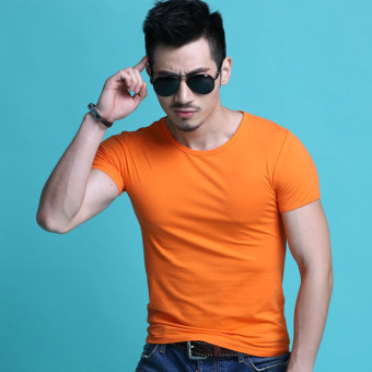 Gambar Tren warna solid leher bulat lengan pendek t shirt Slim (Leher bulat oranye)