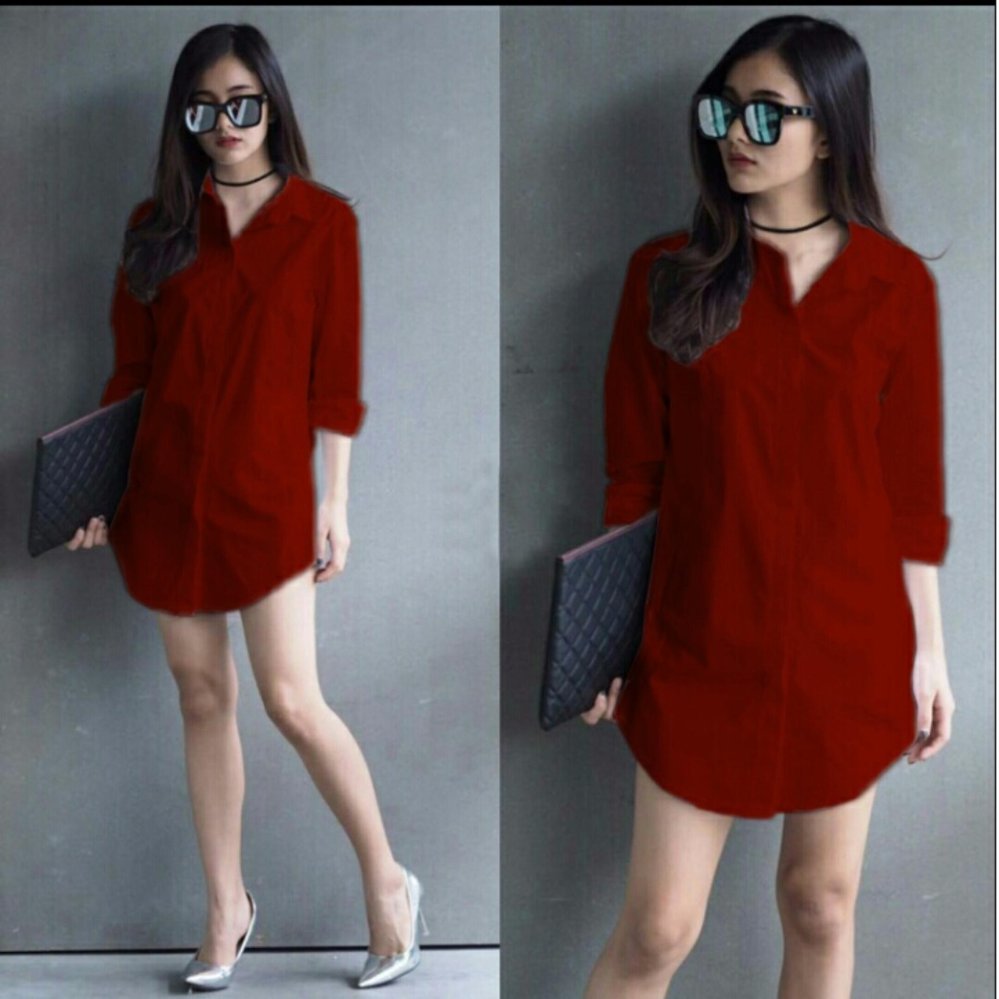 UC Kemeja / Atasan Wanita Lengan Panjang Shindy /  Long Hem Formal Kasual santai / Kemeja Cewek Tunik Shinta / Tunik Wanita Polos NR- Maroon - A0148
