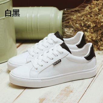 Gambar Versi Korea dari kulit gerakan mahasiswa flat shoes sepatu sepatu putih (Putih dan hitam)