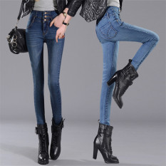 Versi Korea dari model Slim tipis elastis celana pensil pinggang tinggi celana jeans (Biru dan