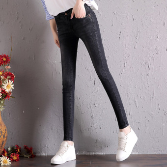 Bandingkan Simpan Versi Korea dari peregangan baru celana pensil tipis celana jeans pinggang tinggi (Hitam dan abu-abu) Pencari Harga