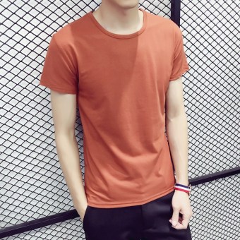 Gambar Versi Korea dari warna solid longgar leher bulat t shirt (Merah coklat)