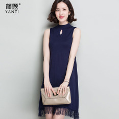 Versi Korea dari warna solid pullover bagian panjang berumbai gaun wanita sweater (Biru tua)
