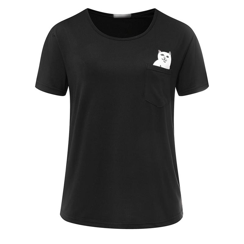 Wanita Atasan Kasual Musim Panas Beberapa Tops Polos Pullover Saku Leher O Lengan Pendek Cat Print Kaos-International