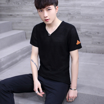 Gambar Warna solid musim panas pria Slim versi Korea dari lengan pendek t shirt (Lengan pendek F012 hitam)