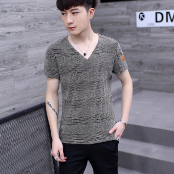 Gambar Warna solid musim panas pria Slim versi Korea dari lengan pendek t shirt (Lengan pendek F012 kopi cahaya warna)