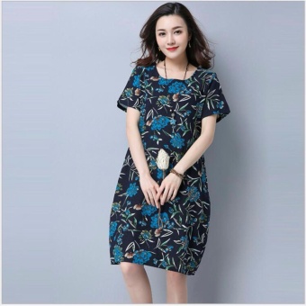 Gambar Women Short Sleeve Cotton Linen Hemp Casual Florar Printing anddyeing Pocket Retro Dress   intl