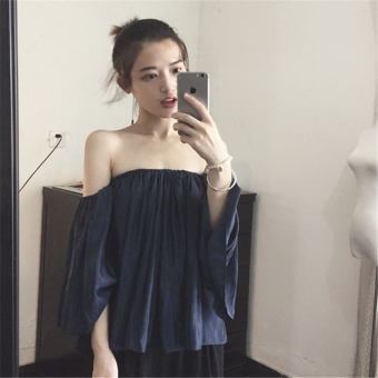 Yang Chic Seksi Strapless Atasan Manis Kemeja (Biru tua)