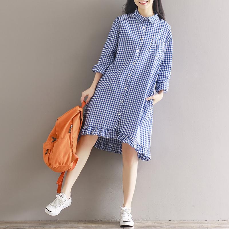 ZANZEA Wanita Lengan Panjang Keliman Berkerut Atas Blusas Musim Gugur Periksa Plaid Turn-down Collar Kasual Baju Atasan Blus Longgar Vestido Biru-Intl