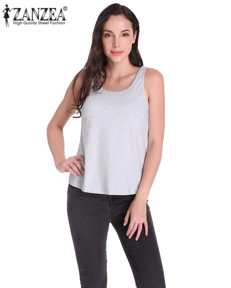 ZANZEA Wanita Scoop Neck Tank Tanpa Lengan Musim Panas Kasual Solid Olahraga Dasar Wear Vest Atasan Abu-abu-Internasional