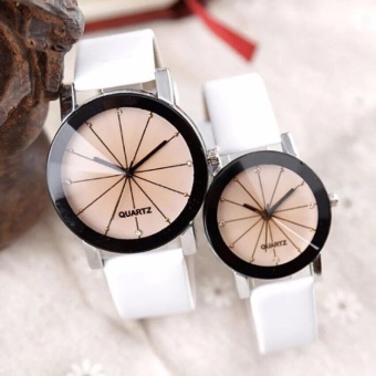 1 Pair of Couple Watch Men and WoMen Quartz Dial Clock Leather Wrist Watch Round Case White - intl  