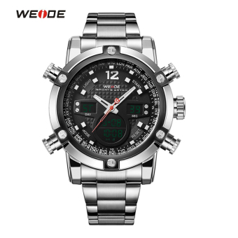 [100% Genuine]WEIDE Sport Watch Luxury Brand Dual Time Zone Black LCD Dial Alarm Steel Strap Relogio Quartz Digital Military Men Wristwatch Orange  
