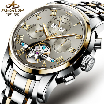 Gambar Aesop emas pria berongga jam tangan Waterproof merek jam tangan