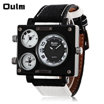 [BLACK] Oulm 3595 Three Movt Quartz Watch Rectangle Dial Canvas +Leather Band Wristwatch - intl  