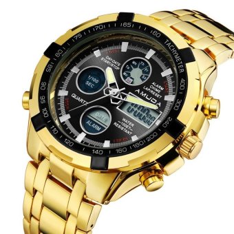Brand Fashion Digital Watch Men Led Full Steel Gold Mens SportsQuartz-Watch Military Army Male Watches relogio masculino(Gold) - intl  