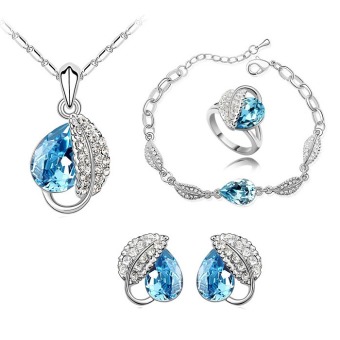 Gambar Cannice Perhiasan Set Platinum Plated Austrian Crystal Heart Leaf   Aquamarine