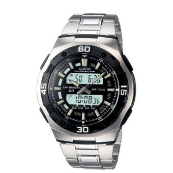 CASIO AQ-164WD-1AVDF - Illuminator - Dual Time - Stopwatch - Jam Tangan Pria - Bahan Tali Stainless Steel - Silver  