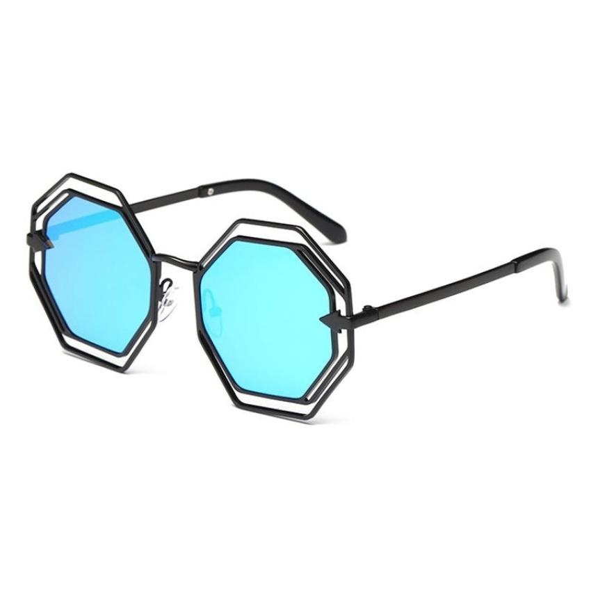 CELANA Panjang Logam Panah Poligonal Besar Sunglasses Pria dan Women Hollowsunglasses-Bingkai Hitam Ice Blue Film-Intl