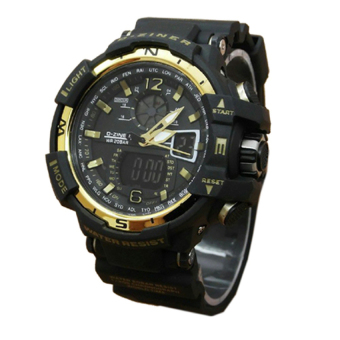 D-ziner Dual Time Jam Tangan Pria Sporty Water Resistant - Hitam-Gold - Rubber Strap - D615  