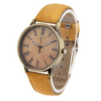 Denim Texture Style Round Dial Retro Digital Display Women and Men Quartz Watch With PU Leather Band(Yellow) - intl  