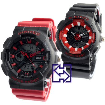 Gambar Digitec Sporty Couple D48H260DG2020TMRHH Dual Time Jam Tangan Jam Tangan Pasangan Rubber Strap (Merah Hitam)